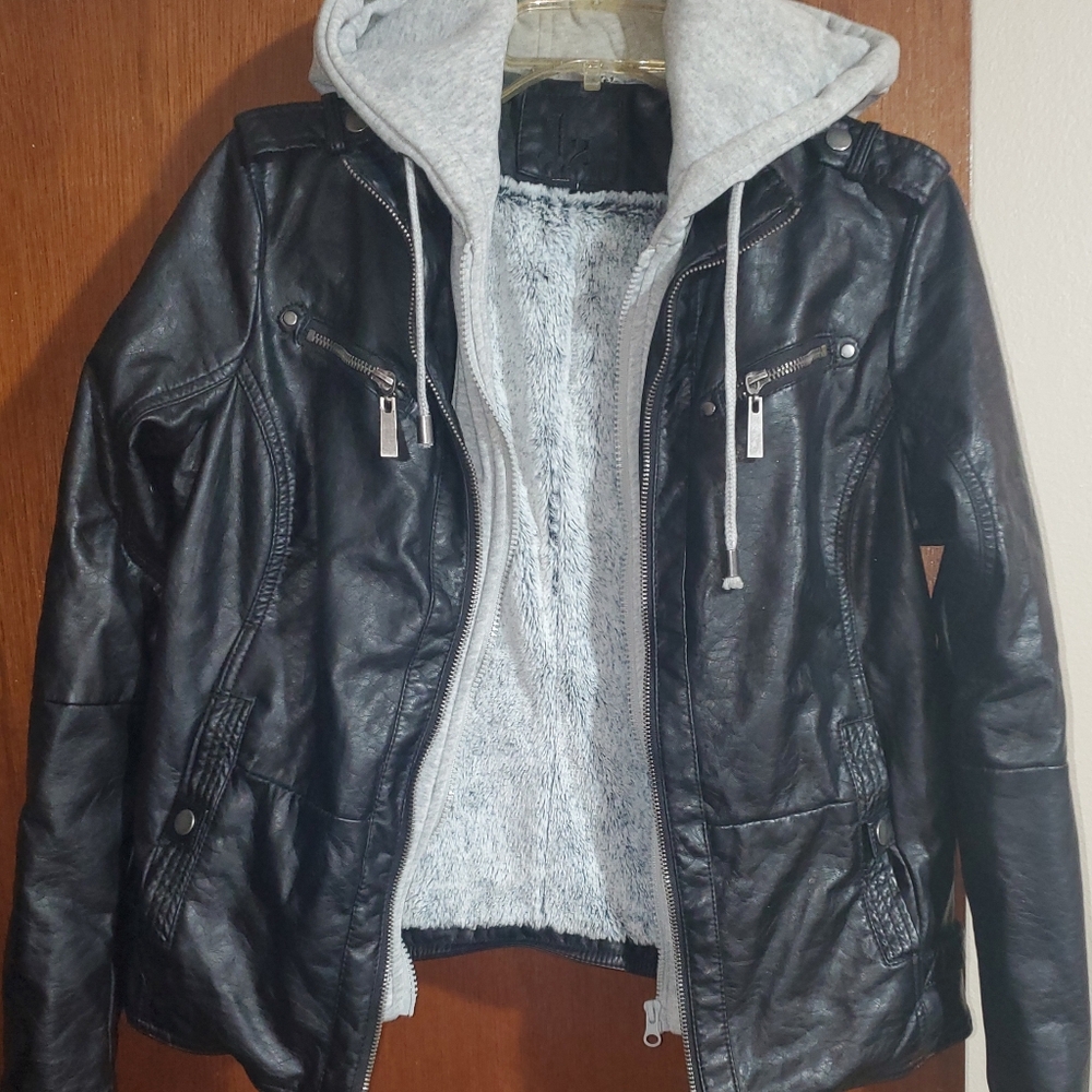 NWT Faux Black Leather Jacket With Detachable Gray Hoodie